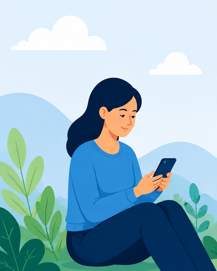 Une patiente sereine consulte son application de santé Olyena